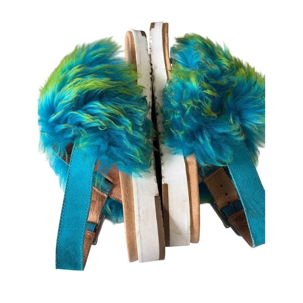 UGG Womens Teal Lime Green Faux Fur Slingback Holly Sandals Buckle Strap  10 - Picture 9 of 13